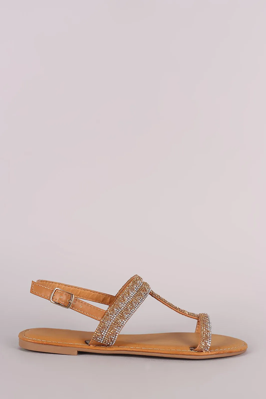 Bamboo Rhinestone Accent T-Strap Slingback Flat Sandal