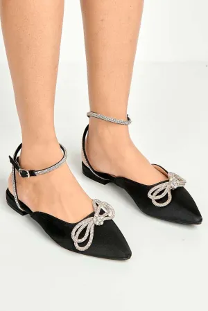 Bella Flat Diamante Bow & Strap Sliders in Black