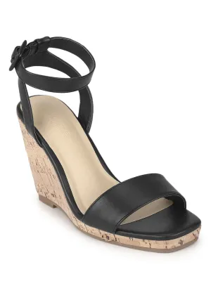 Black PU Wedge Heel Sandals