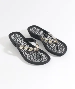 Black Wedge Heel Jewel Embellished Sandals with Animal Print Insoles