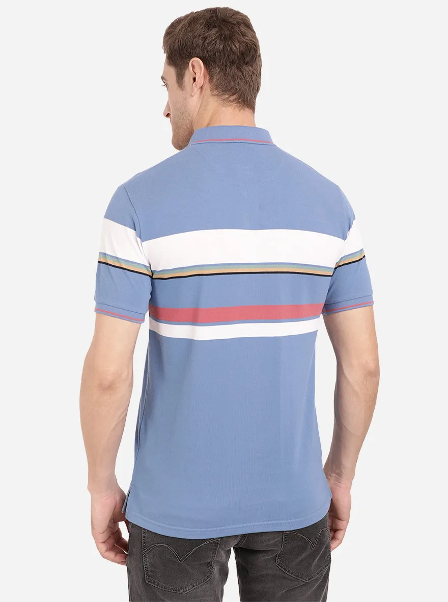 Colony Blue Striped Slim Fit Polo T-Shirt | JadeBlue