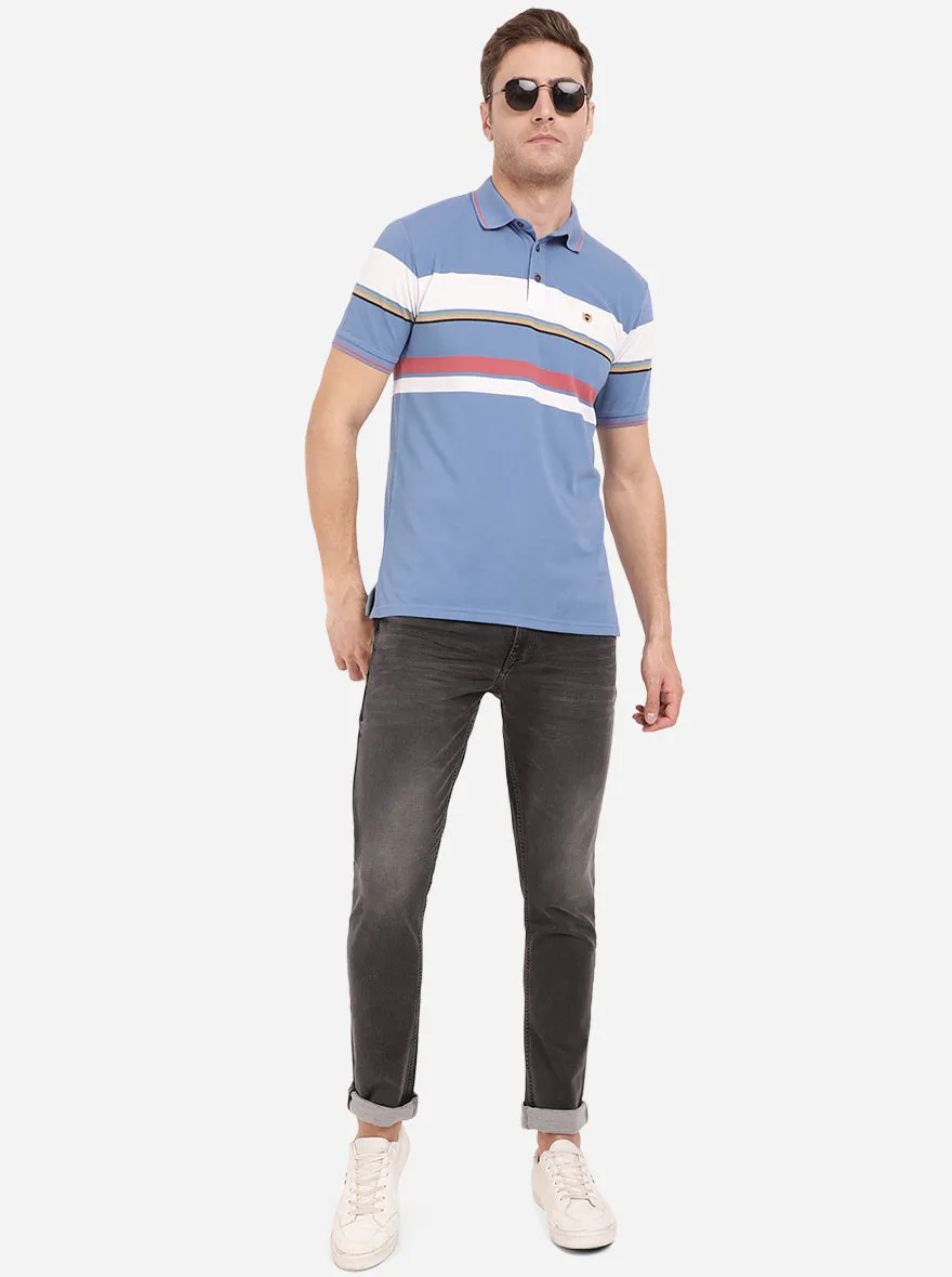 Colony Blue Striped Slim Fit Polo T-Shirt | JadeBlue