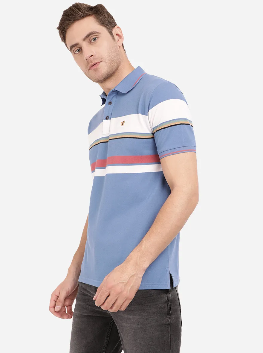 Colony Blue Striped Slim Fit Polo T-Shirt | JadeBlue