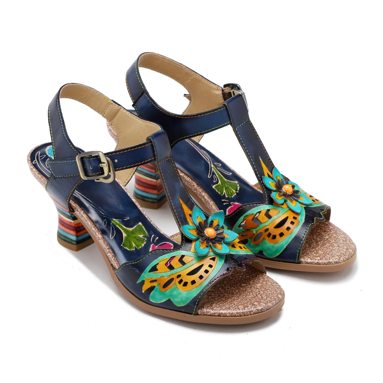 CrazycatZ Leather Block Heel Sandals,Women Leather Bohemian Colorful Sandal Navy