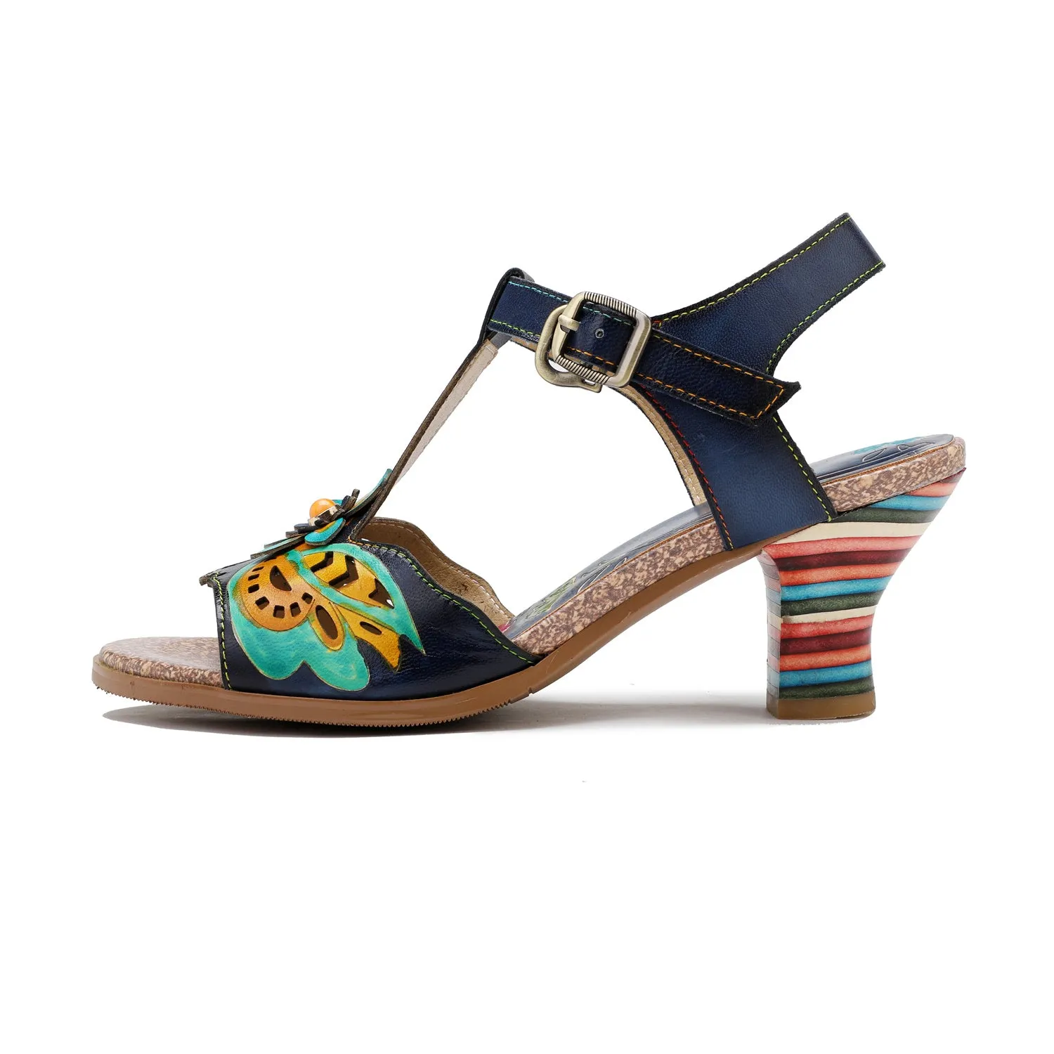 CrazycatZ Leather Block Heel Sandals,Women Leather Bohemian Colorful Sandal Navy