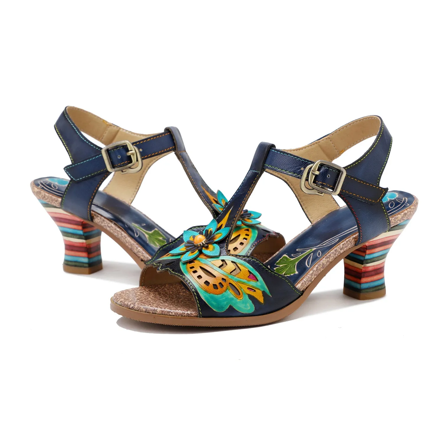 CrazycatZ Leather Block Heel Sandals,Women Leather Bohemian Colorful Sandal Navy