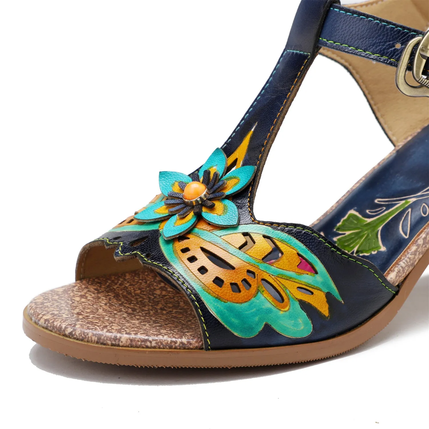 CrazycatZ Leather Block Heel Sandals,Women Leather Bohemian Colorful Sandal Navy