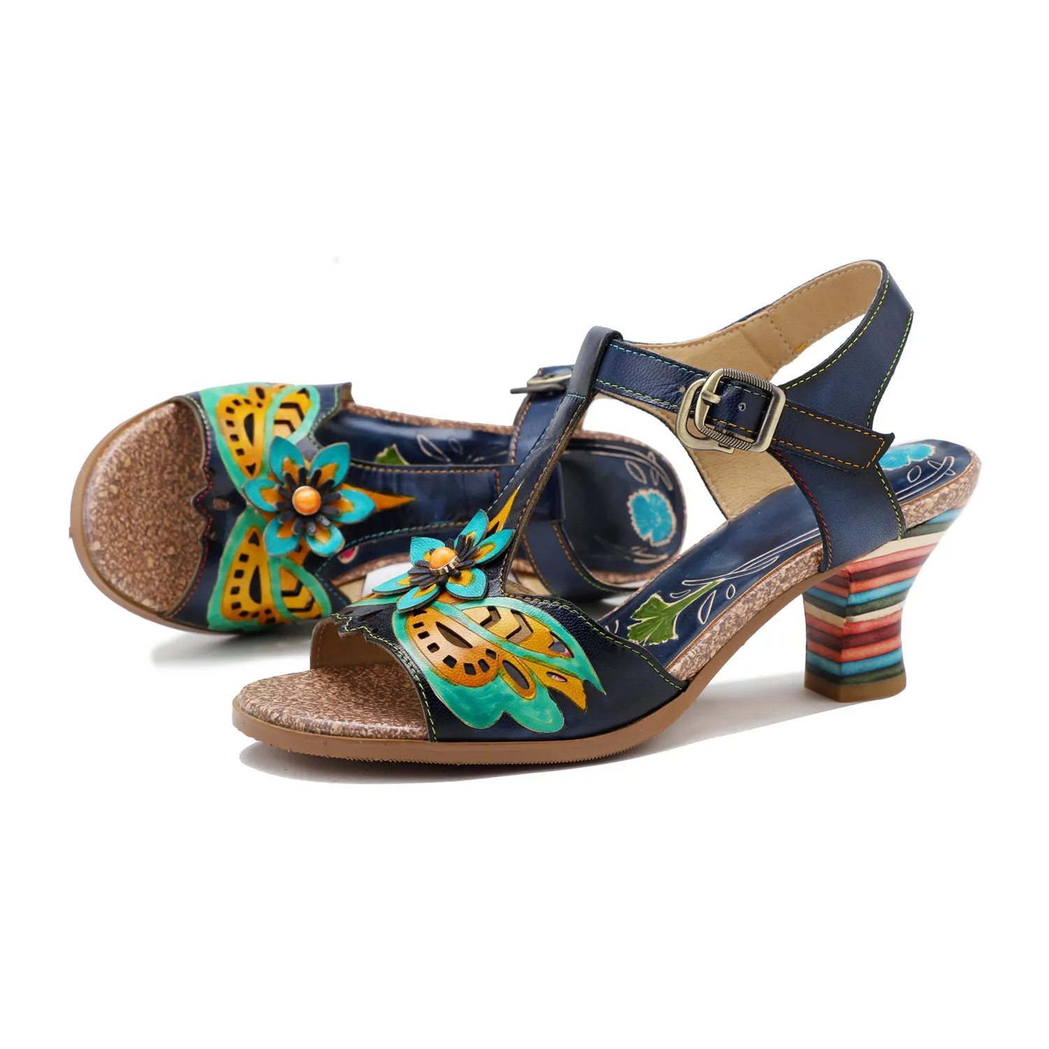 CrazycatZ Leather Block Heel Sandals,Women Leather Bohemian Colorful Sandal Navy