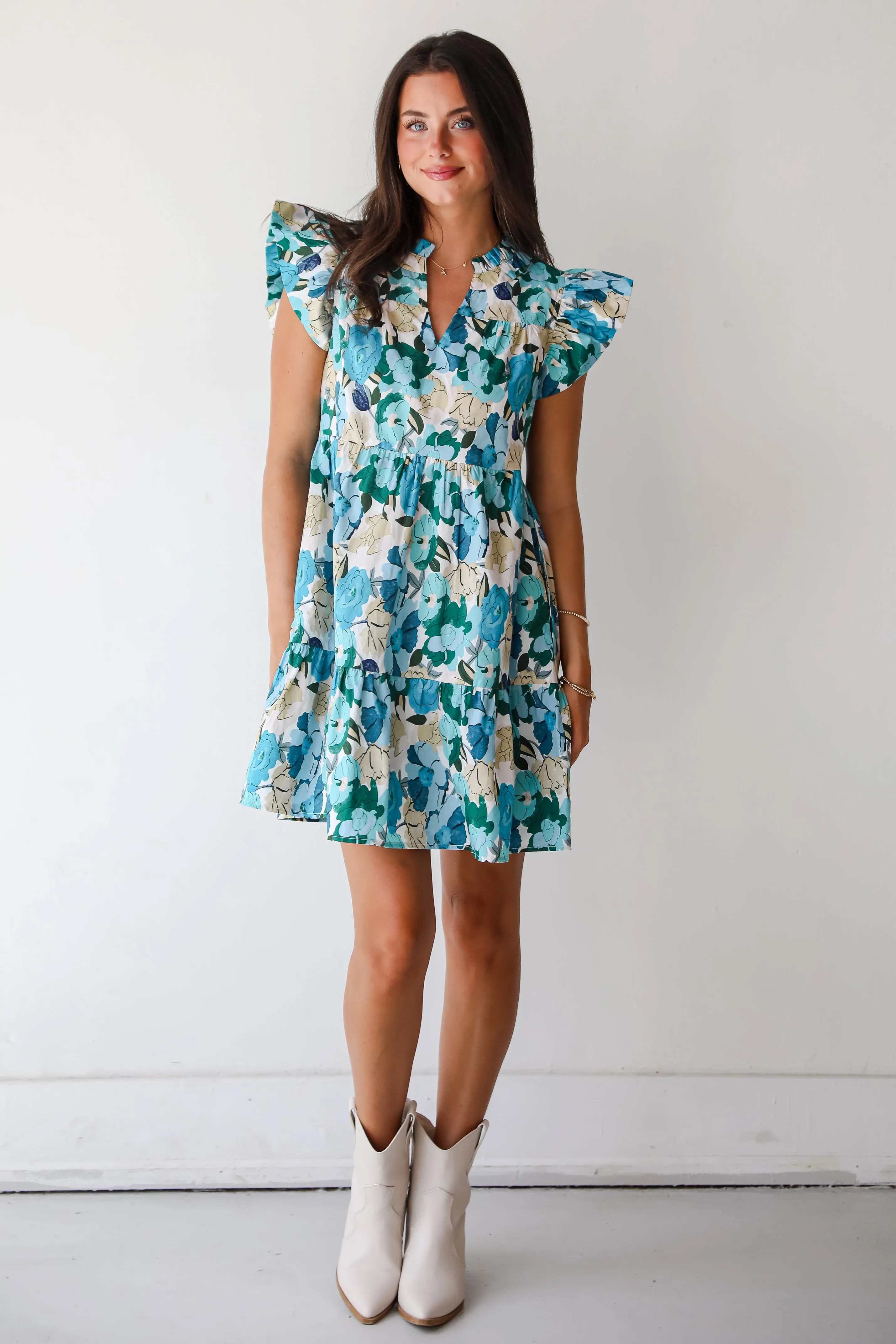 FINAL SALE - Flourishing Confidence Blue Floral Tiered Mini Dress