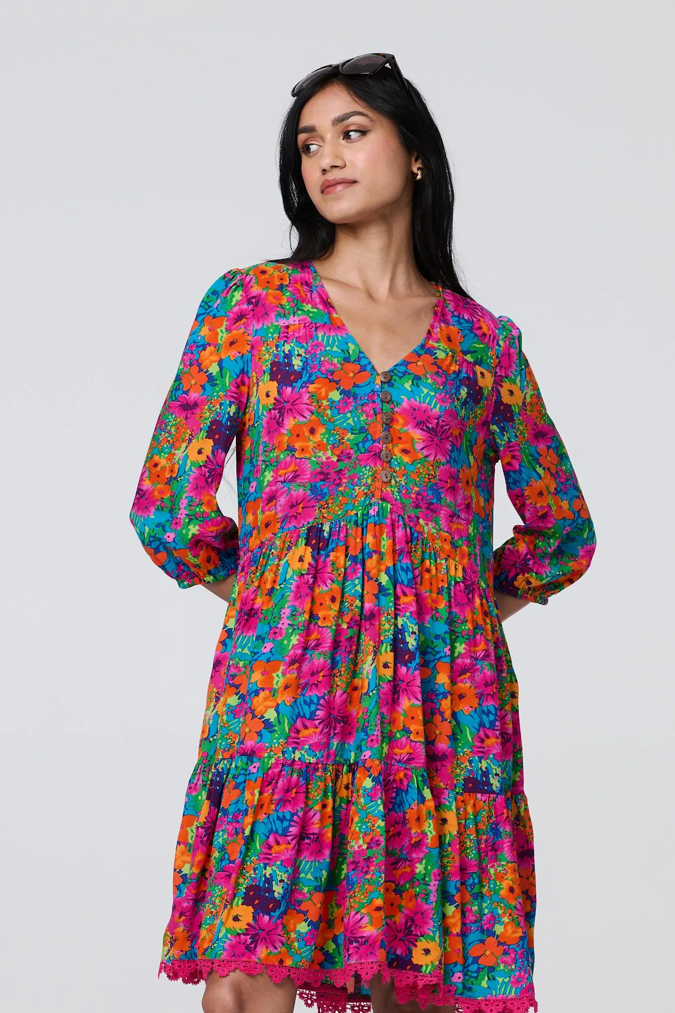 Floral 3/4 Sleeve Smock Dress