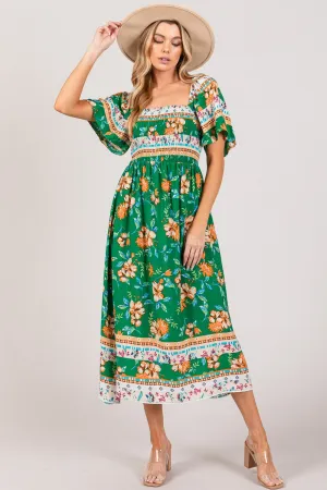 Floral Sage Smocked Short Sleeve Midi Dress