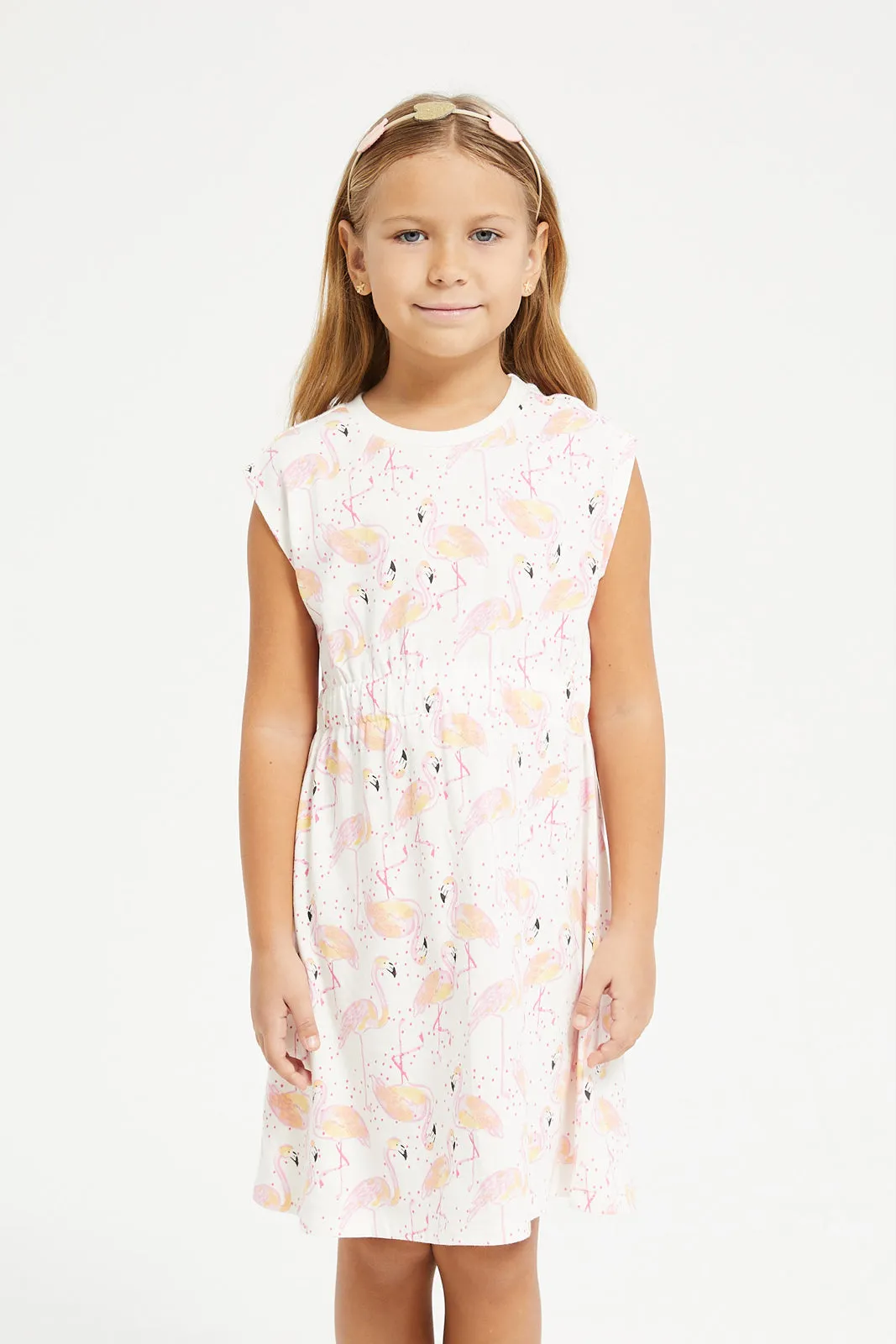 Girls White Flamingo Printed Knit Dress