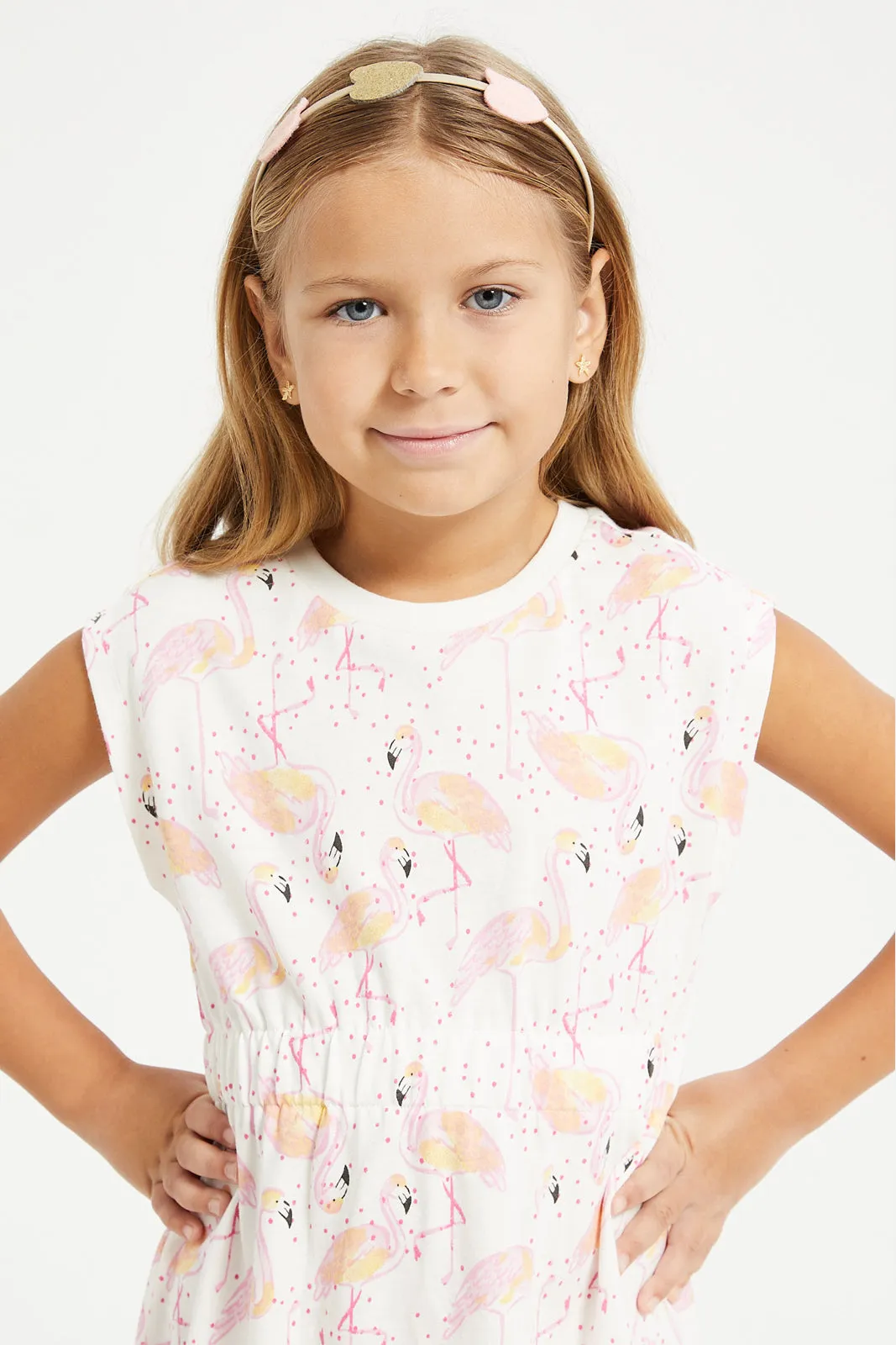 Girls White Flamingo Printed Knit Dress