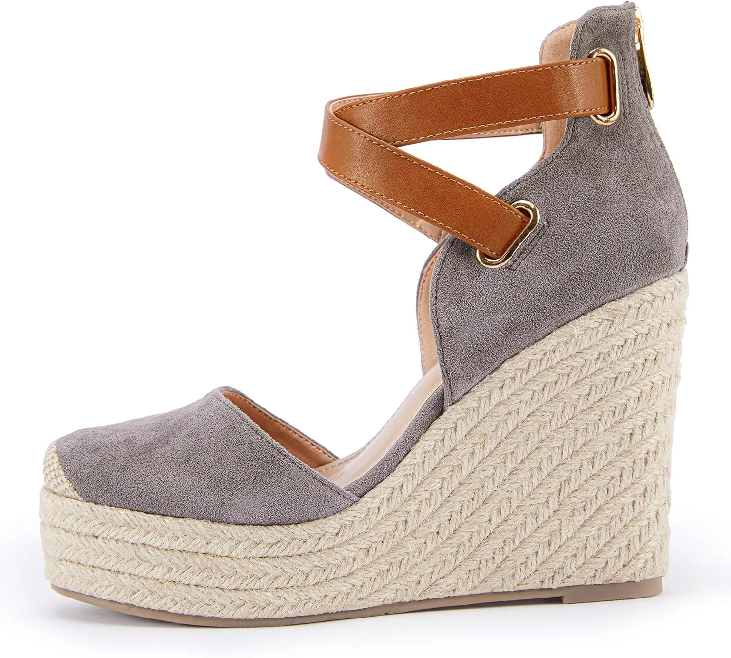 Grey Suede Wedge Ankle Strap Closed Toe Sandals