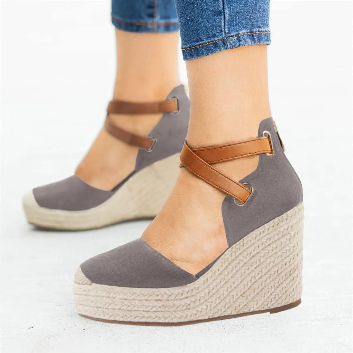 Grey Suede Wedge Ankle Strap Closed Toe Sandals