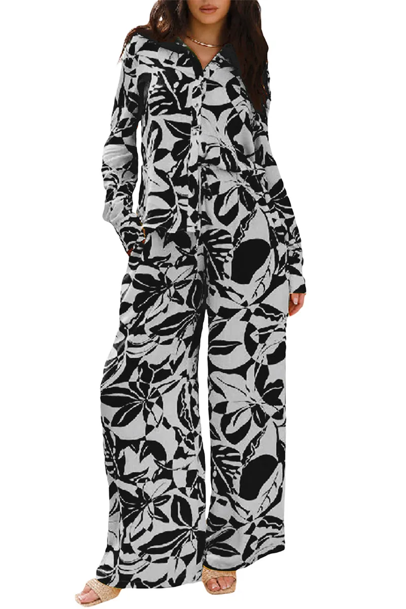 HUT1255 Monochrome Floral Jumpsuit Set