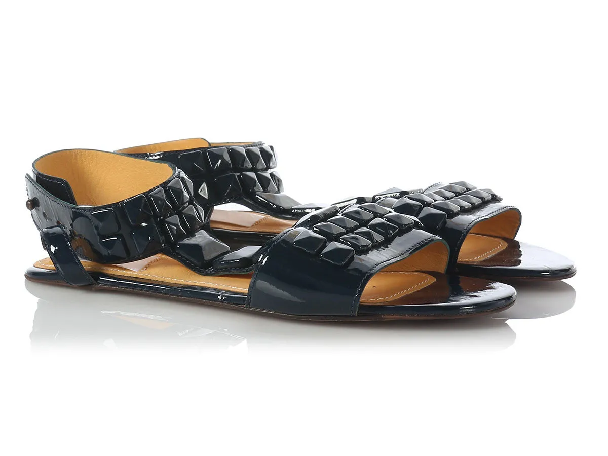 Lanvin Navy Patent Studded Flat Sandals