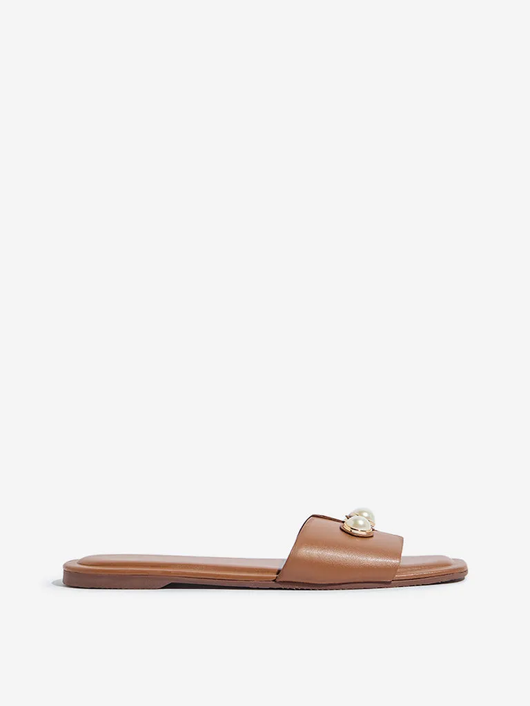 LUNA BLU Tan Pearl Embellished Slides