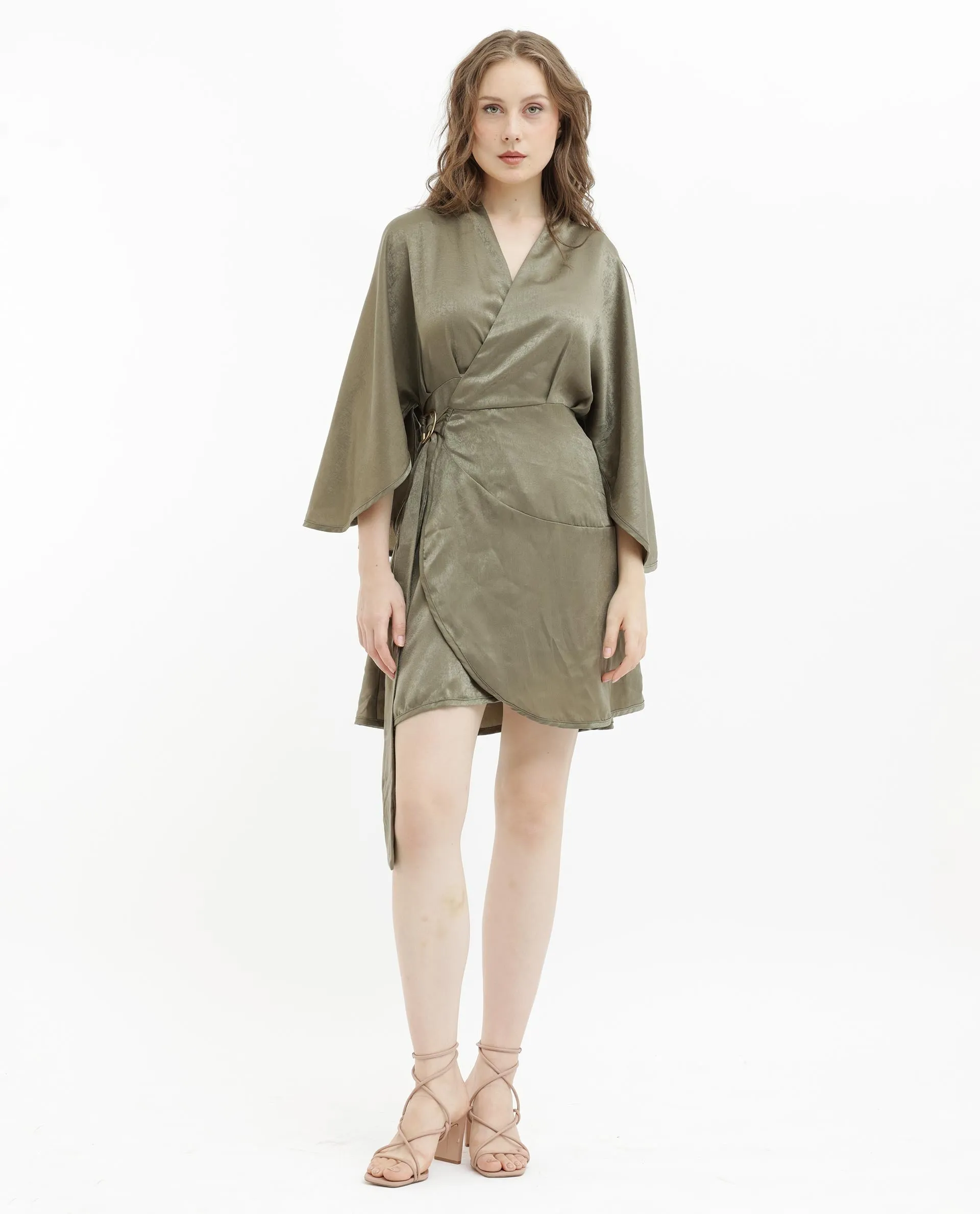 Rareism Women Alapeno Dark Olive Satin Fabric 3/4Th Sleeves Tie-Up Closure V-Neck Bell Sleeve Relaxed Fit Plain Mini Dress