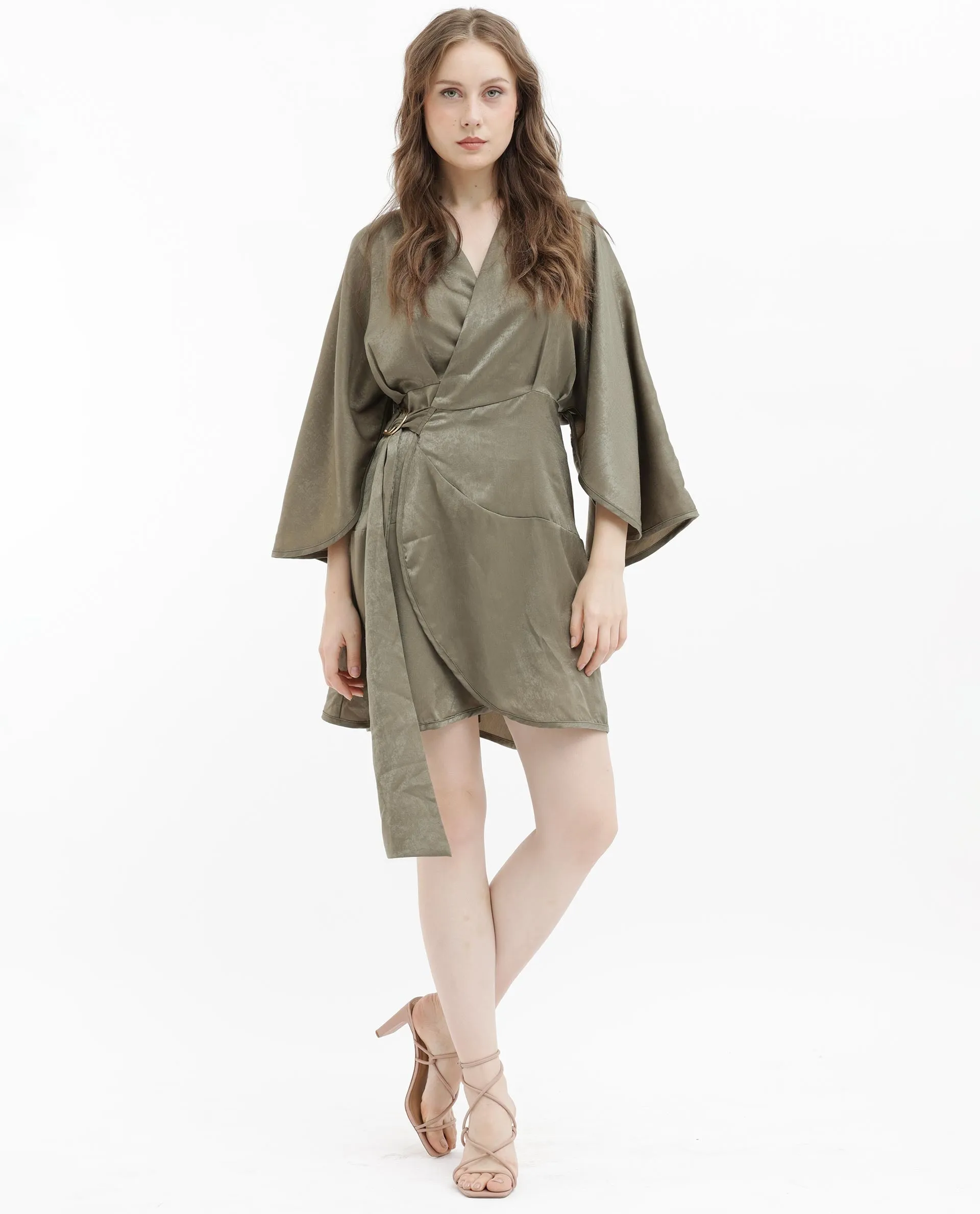 Rareism Women Alapeno Dark Olive Satin Fabric 3/4Th Sleeves Tie-Up Closure V-Neck Bell Sleeve Relaxed Fit Plain Mini Dress