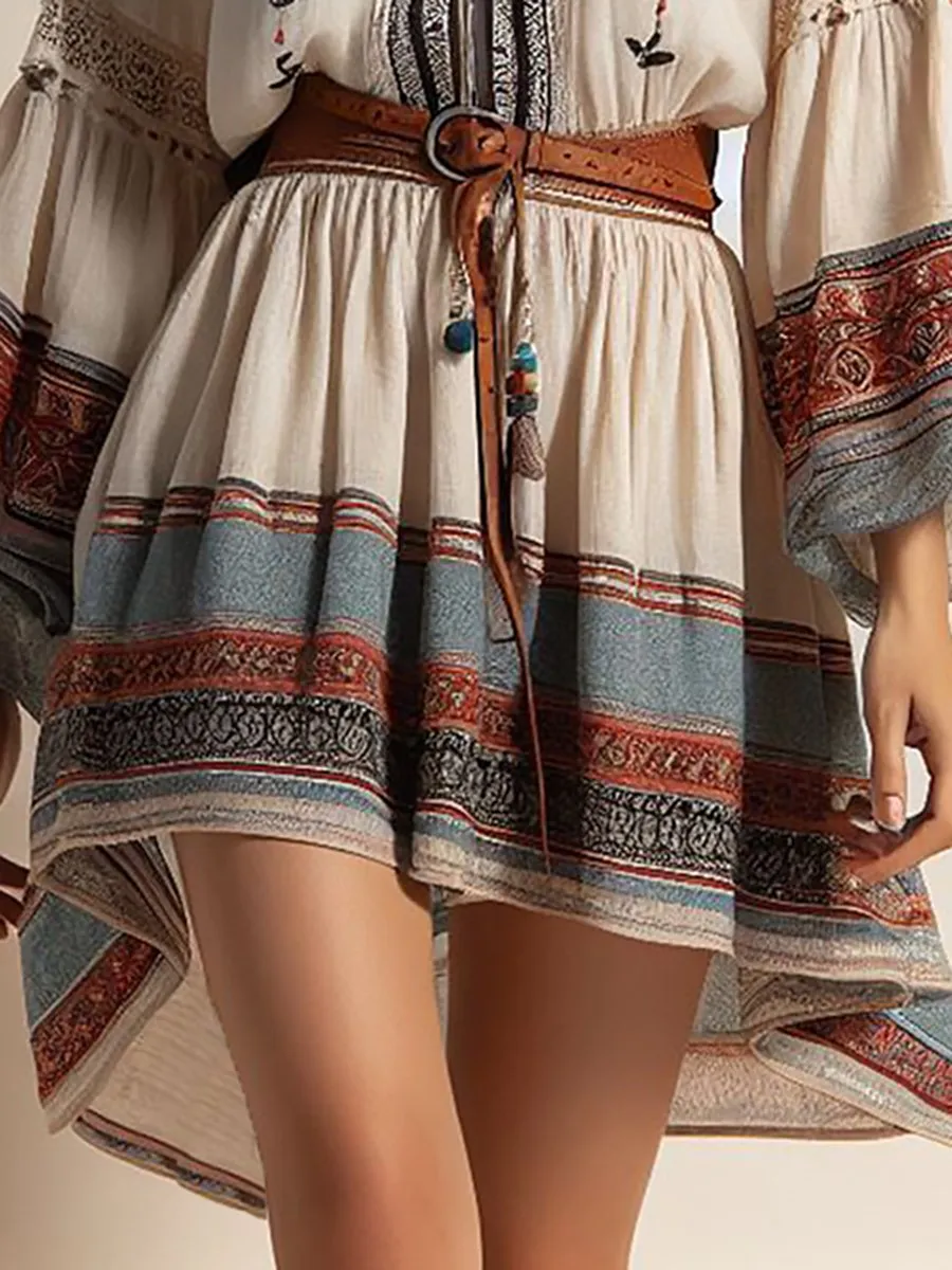 Retro Bohemian Printed V-Neck Mini Dress