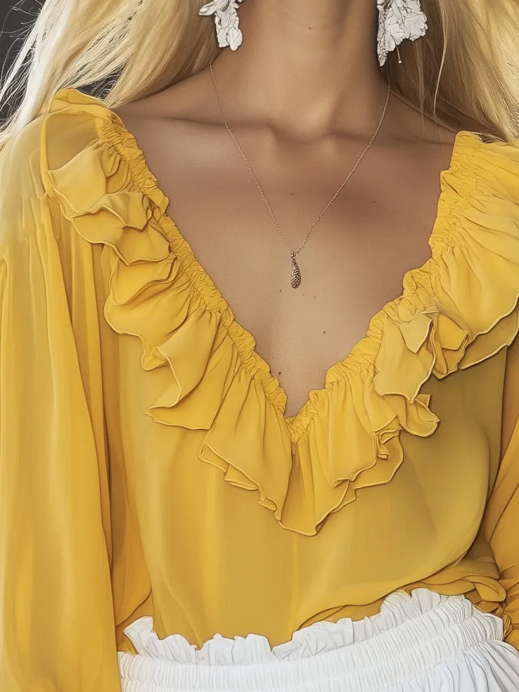 Romantic and Vibrant Ruffle Neck Yellow Chiffon Long Sleeve Shirt