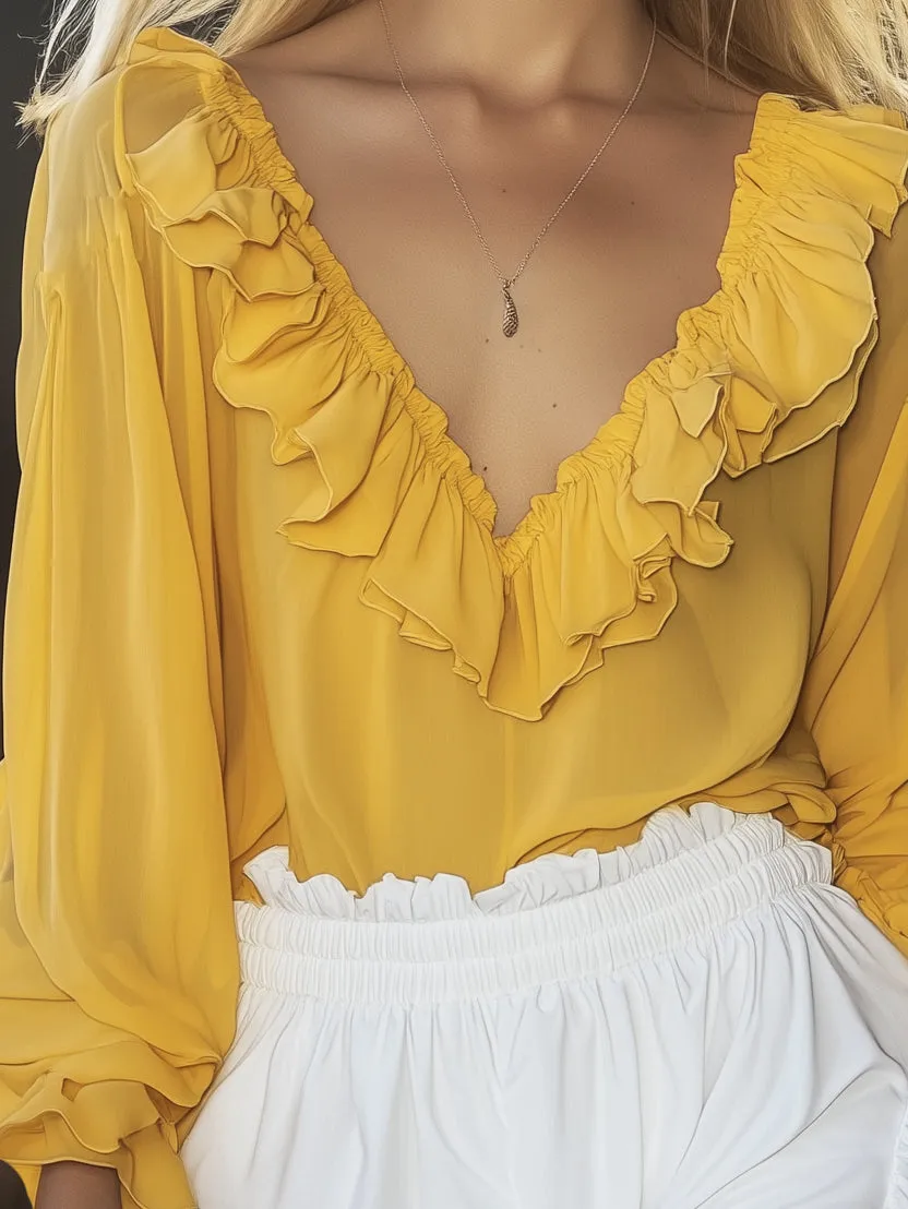 Romantic and Vibrant Ruffle Neck Yellow Chiffon Long Sleeve Shirt