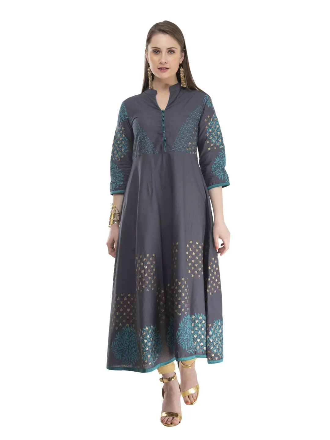 Women Grey Cotton Anarkali With Subtle Ajrakh Hand Block Print